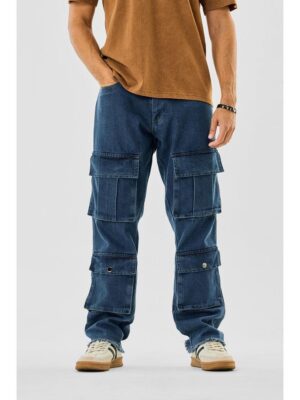 Mens Blue Denim Relaxed Casual Cargo Pant Snitch
