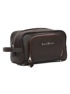 Mens Brunette Brown Italian Milled Leather Toiletry Kit Travel Organizer Pouch