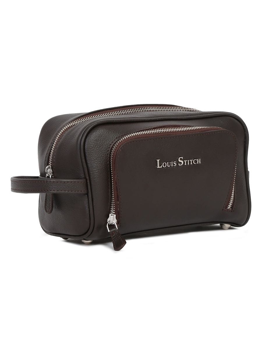 Mens Brunette Brown Italian Milled Leather Toiletry Kit Travel Organizer Pouch