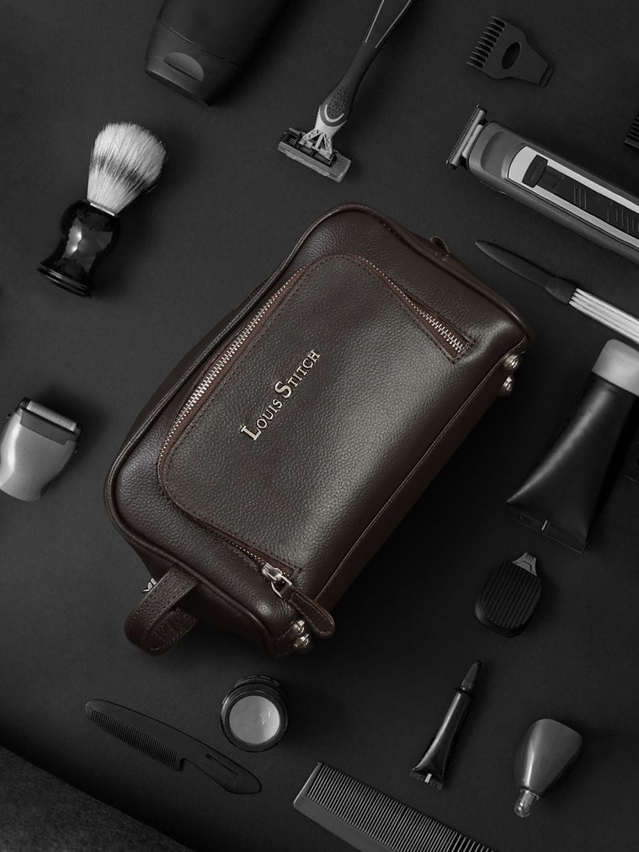Mens Brunette Brown Italian Milled Leather Toiletry Kit Travel Organizer Pouch - Image 4
