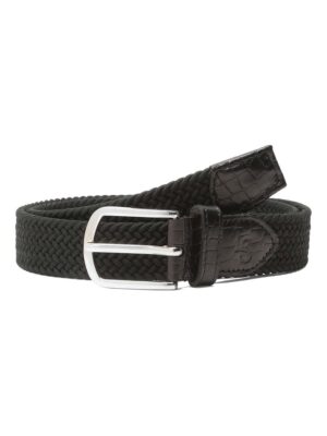 Men Jet Black Braided Elastic Stretch Belt with Leather Tipped End