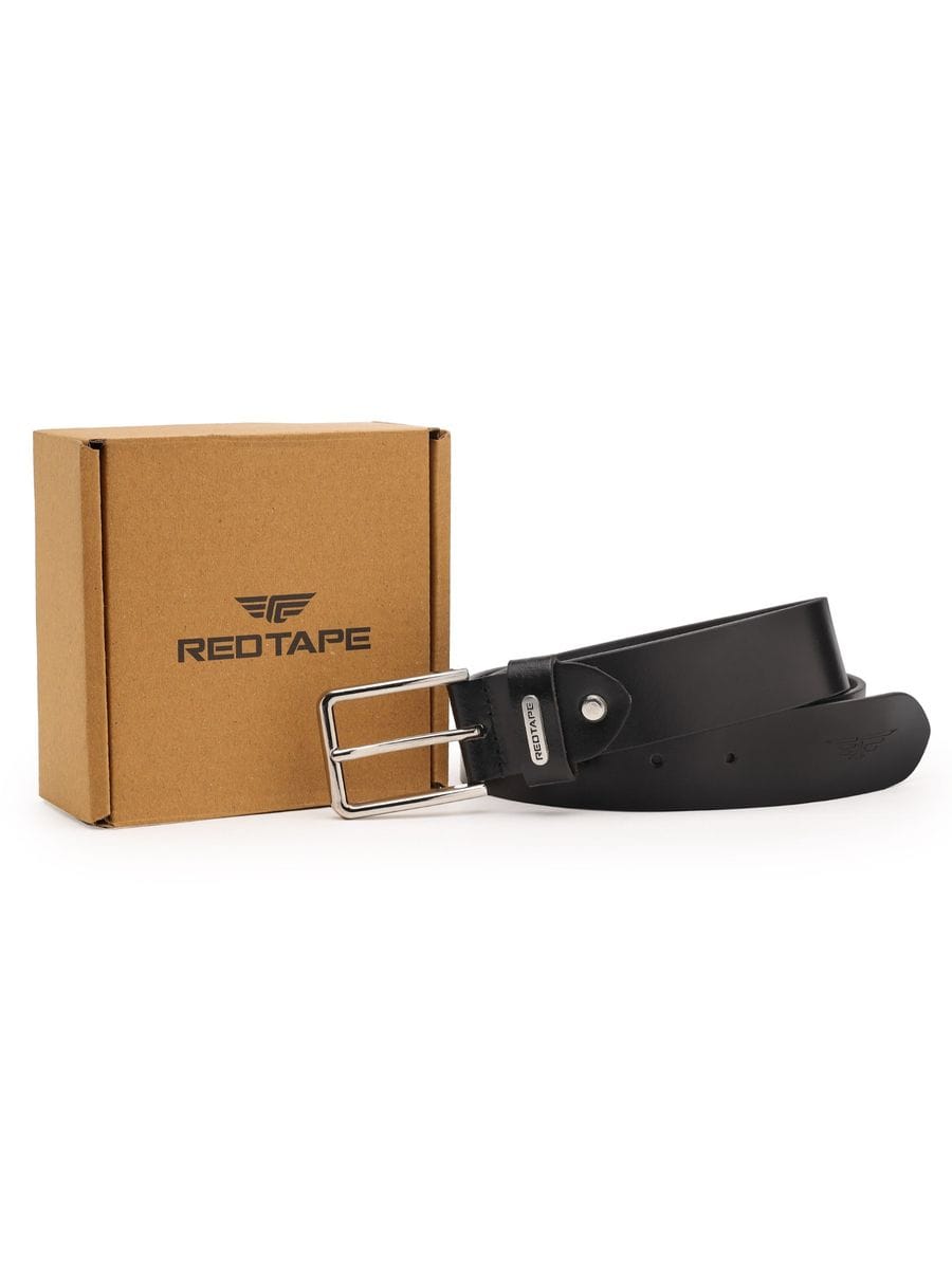 Men Black Solid Formal Leather Belt - Image 4