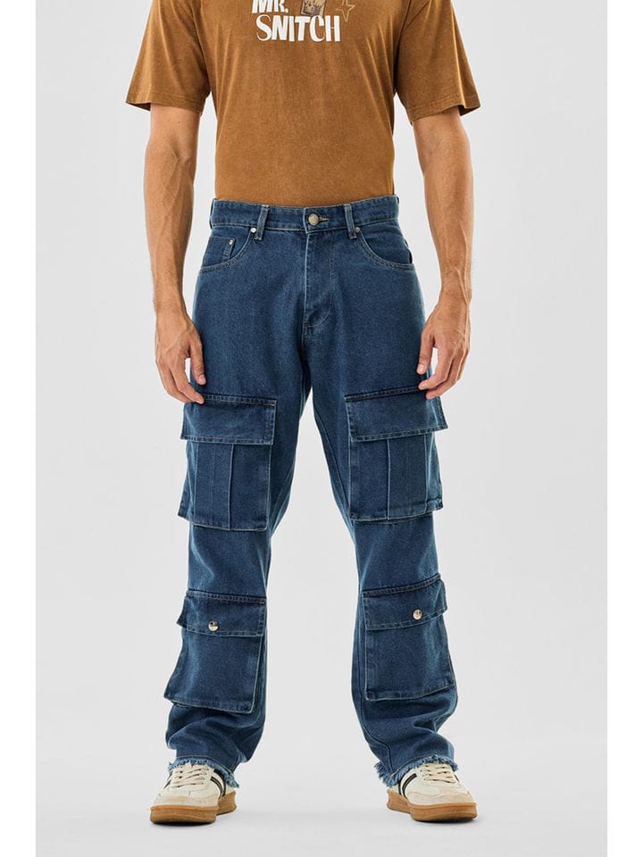 Mens Blue Denim Relaxed Casual Cargo Pant Snitch - Image 2
